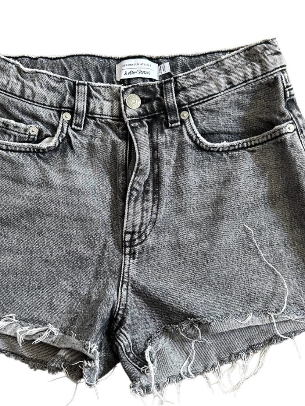 & Other Stories Gray Frayed Hem Denim Shorts